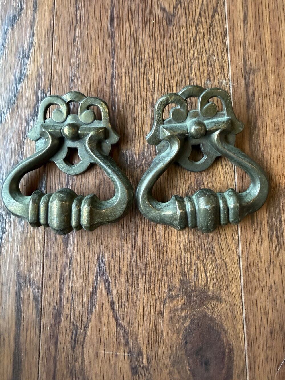 Vintage Brass Ornate Scroll Drawer Pulls Pair Teardrop Ring Handle 3x4"